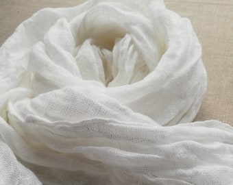 White  Linen Gauze Scarf,  Boho Scarf, Pure Linen Scarf with Fringes, Gift for Him or Her, Wrinkled Different colors