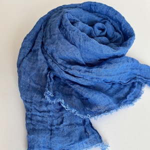 Royal Blue Linen Gauze Scarf, Boho Scarf, Pure Linen Scarf with Fringes, Gift for Him or Her, Wrinkled Different colors, Natural linen Scarf
