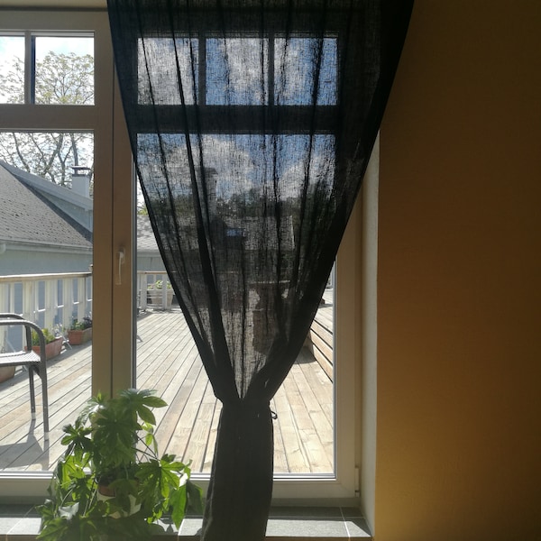 Black Gauze Linen Curtains, Rustic Linen Gauze Drapes, Window Curtains Panel, long curtain, long drapes, custom curtains, Boho Curtains