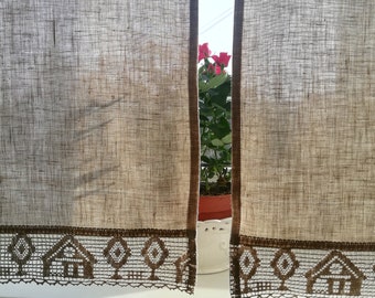 Tenda da cucina in stile country francese, tenda in lino naturale, tenda da cucina in lino, tenda da caffè romantica con pizzo, mantovana in lino con pizzo, lino