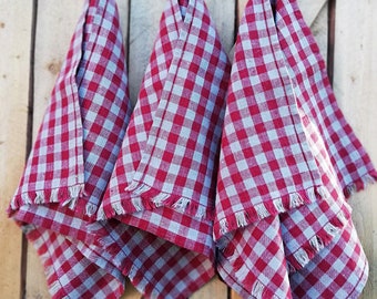 Heavy Linen Towel, Set of 3 Red Checkered Linen Christmas Towel, Dish Towels,  Kitchen Towels With Fringes, Red Linen Towel With Fringes 