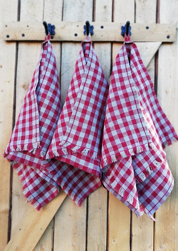 Heavy Linen Towel, Set of 3 Red Checkered Linen Christmas Towel, Dish Towels,  Kitchen Towels With Fringes, Red Linen Towel With Fringes 