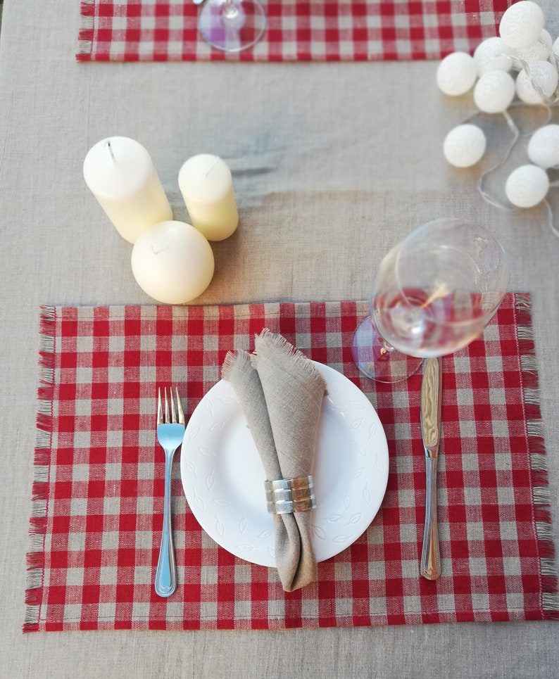 Set of 4;6 Red Linen Placemats with Fringes Red Checkered Placemats with Fringes Linen Placemats