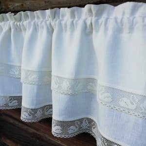 Cenefa de lino blanco con volantes, cortina romántica de lino blanco con volantes, dos capas de volante con encaje de lino, hecha a medida, moderna