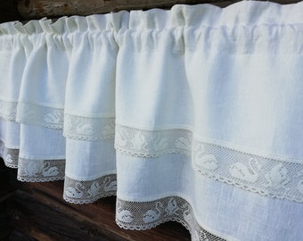 White Linen cafe Curtains, Romantic Linen Curtain with Ruffle, Boho curtains with Lace, french cottage style curtains, Flax Ruffled Valance