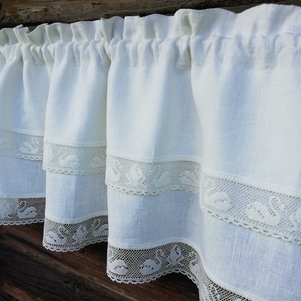 White Linen cafe Curtains, Romantic Linen Curtain with Ruffle, Boho curtains with Lace, french cottage style curtains, Flax Ruffled Valance