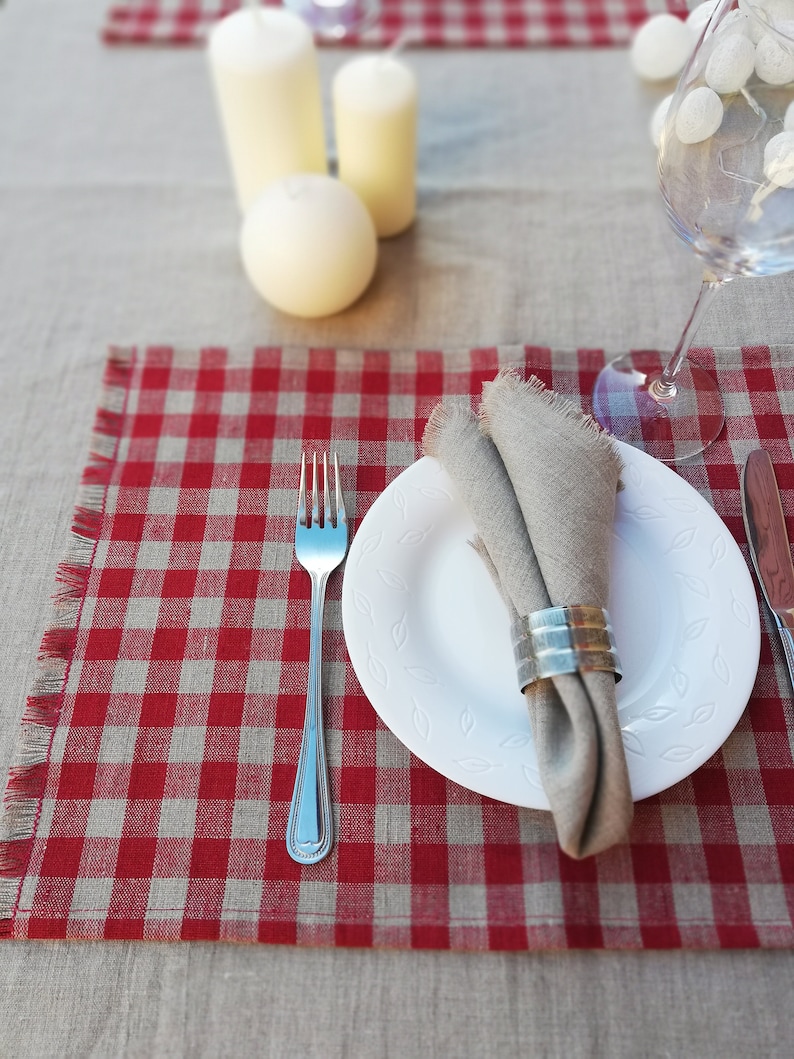 Set of 4;6 Red Linen Placemats with Fringes Red Checkered Placemats with Fringes Linen Placemats