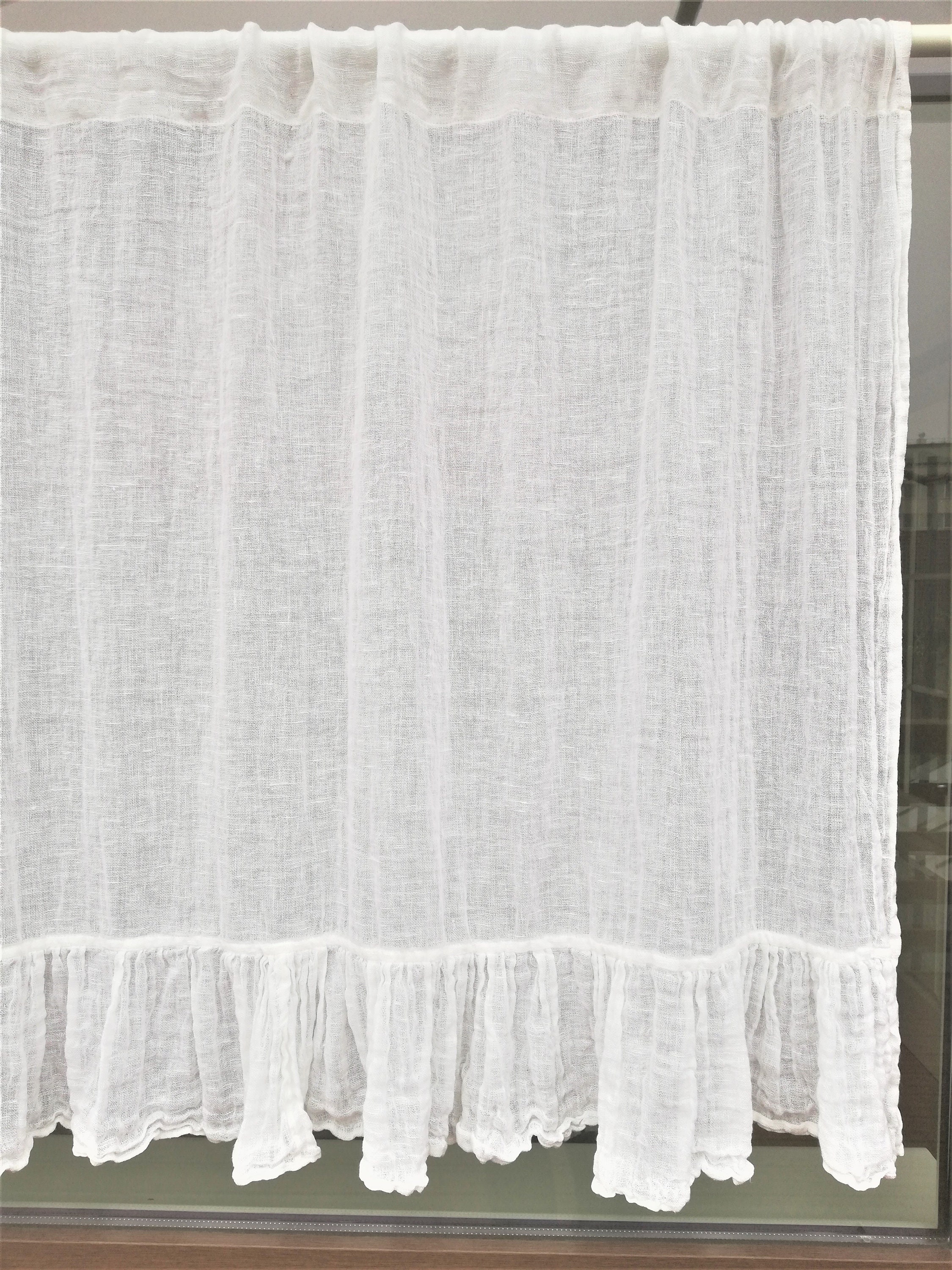 White Linen Gauze Curtain Panel With Ruffle Boho Window Etsy