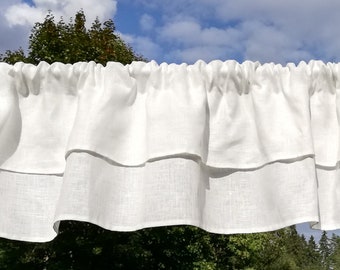 White Linen Ruffled Valance, Romantic White Linen Ruffled Curtain, Two layers of Ruffle, Custom Made to Order, Modern Farmhouse Curtains