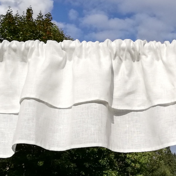 White Linen Ruffled Valance, Romantic White Linen Ruffled Curtain, Two layers of Ruffle, Custom Made to Order, Modern Farmhouse Curtains