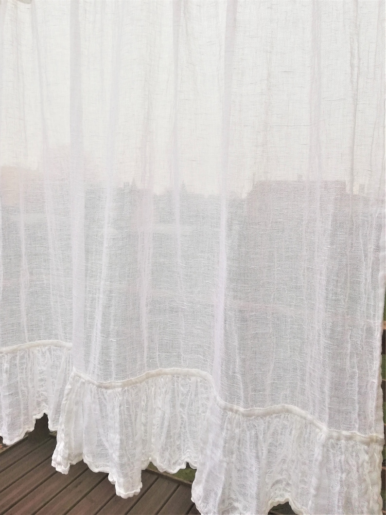White Linen Gauze Curtain Panel With Ruffle Boho Window Etsy