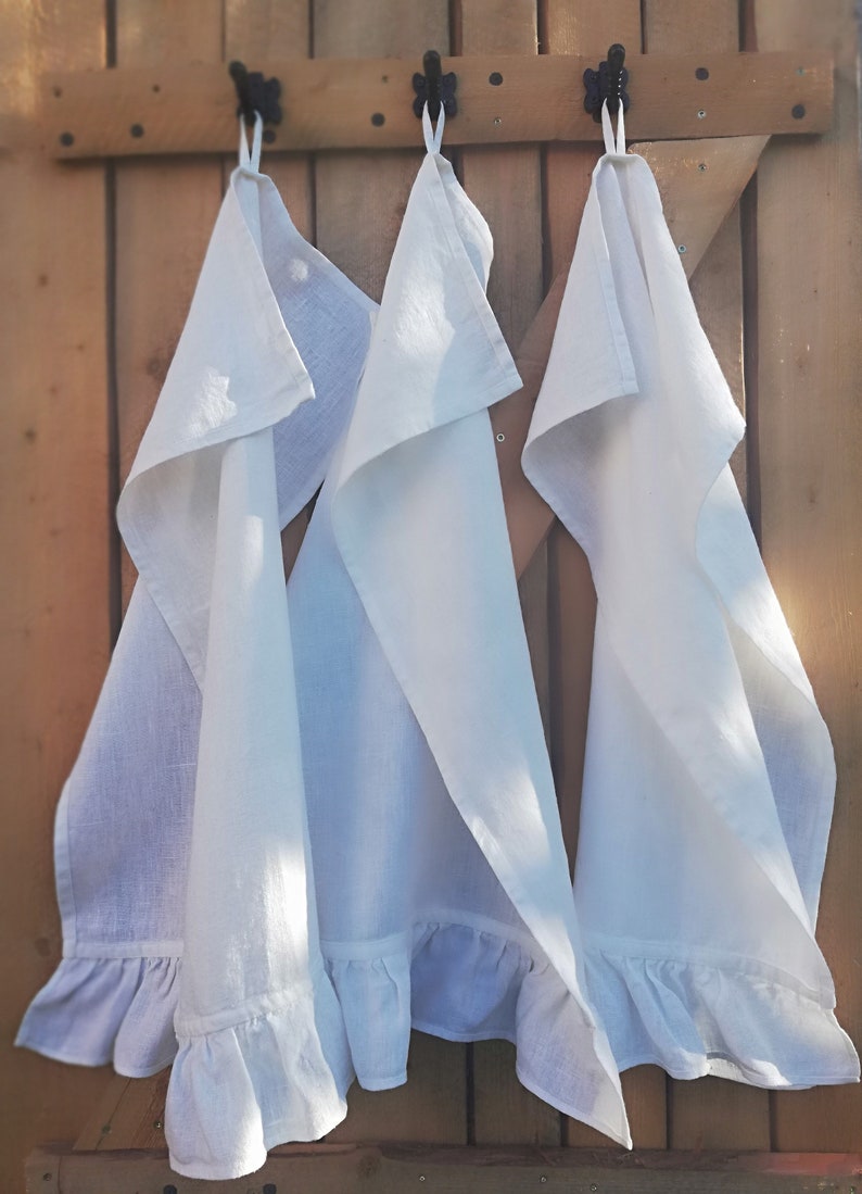 Gerüchte Leinentücher, 3er Set Gesichtsleinentücher, französische Leinenoptik, weiche Gästetücher, Leinentücher mit einer Rüsche, Leinengeschirrtücher Bild 7