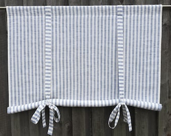 Tie up blind, Blue Striped Linen Kitchen Curtain, Tie up Curtain, roll up blind, Farmhouse Cottage Curtain, French Country Living Room Blind