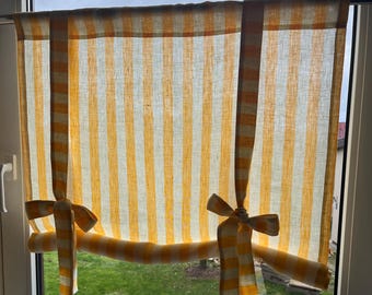 Natural Linen Kitchen Curtain with Ties, Yellow Striped French Country. Tie up Curtain, Farmhouse Cottage Curtain panel for door window