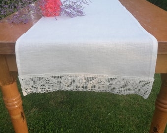 Linen Table Runner, Milky White Tablecloth, Linen Table Cloth with Lace, Dinning Table Linen, Linen Tablecloth