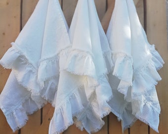 3er Set, 4er Set weißes Leinenhandtuch, naturweißes Rüschen Gästehandtuch im Shabby Chic Landhaus Stil