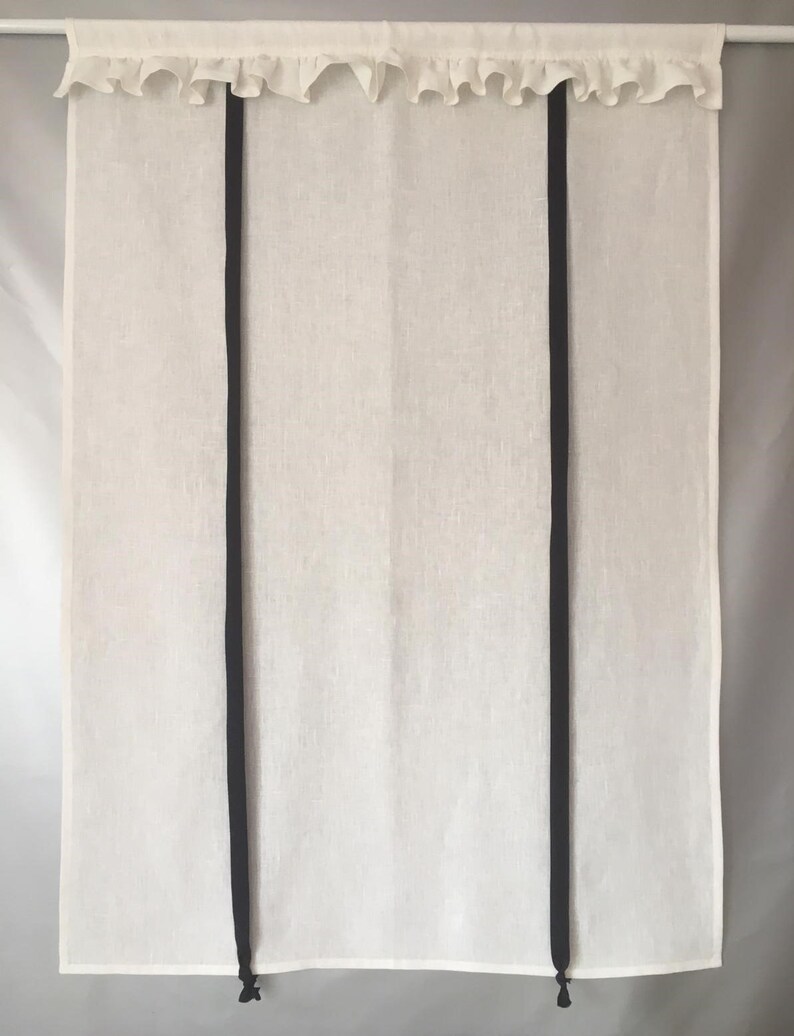 Tie up Blind White Linen Farmhouse Ruffled Curtain Cafe Etsy