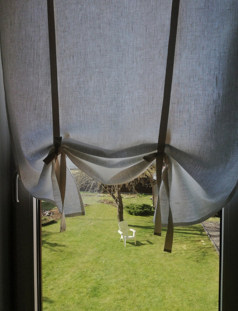 Tie up Blind White Linen Farmhouse Ruffled Curtain Cafe Etsy