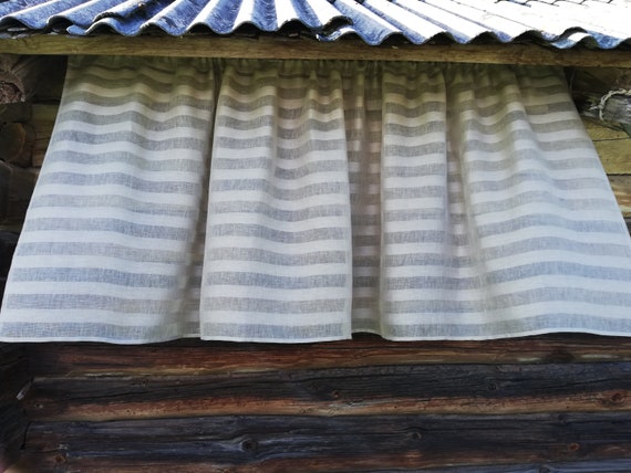 Linen Gray Striped Curtains Cafe Curtains Linen Beige Etsy