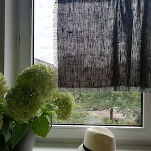 Rustic Linen Curtains, Kitchen privacy curtain, Dusty Green linen cafe curtain with fringes in shabby chic style