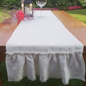 Table Runner White Linen Table Runner with ruffles Farmhouse table runner Spring Table Runner Boho Table runner custom Rustic table Runner