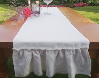 Table Runner White Linen Table Runner with ruffles Farmhouse table runner Spring Table Runner Boho Table runner custom Rustic table Runner