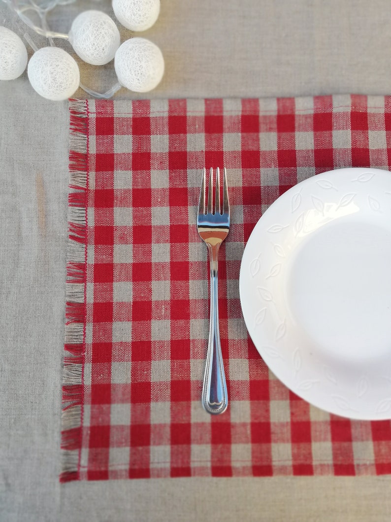Set of 4;6 Red Linen Placemats with Fringes Red Checkered Placemats with Fringes Linen Placemats