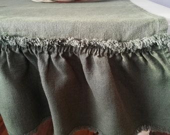 Ruffled Linen Table Runner, Green Table Runner, Linen Table Runner with Fringes and Ruffles, Dusty Green Linen Table Runner with ruffles