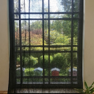 Rideau bohème, rideaux de gaze de lin noirs, rideaux de gaze de lin rustiques, panneau de rideaux de fenêtre, long rideau, longs rideaux, rideaux personnalisés