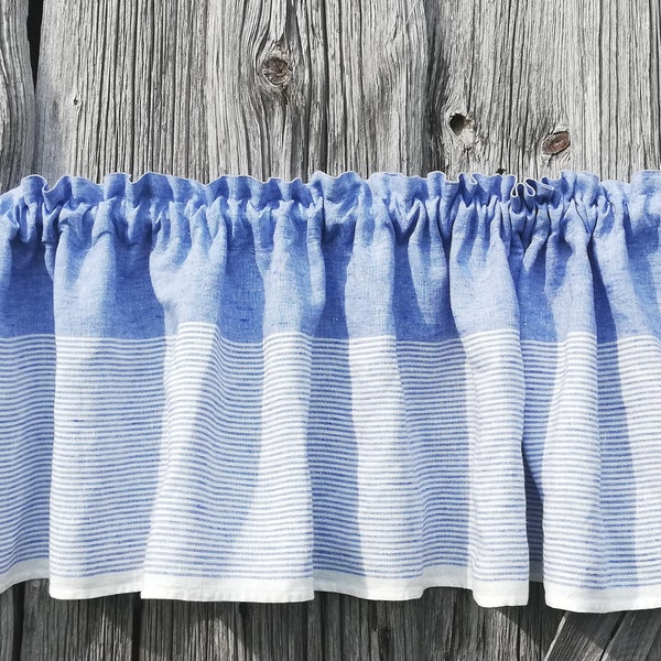 Cortinas de lino a rayas azules para cafetería, estilo rústico, para cocina, estilo rústico francés, hechas a medida.