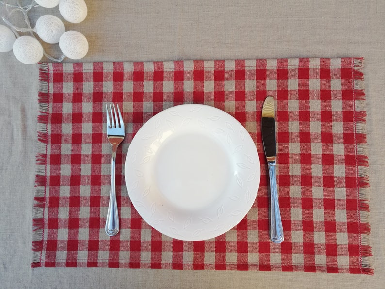 Set of 4;6 Red Linen Placemats with Fringes Red Checkered Placemats with Fringes Linen Placemats