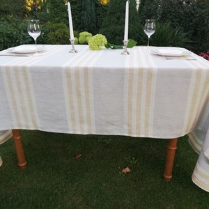 Linen tablecloth, Striped Linen tablecloth, Scandinavian design Gray, White and Brown striped Wrinkled Tablecloth, Rectangle tablecloth