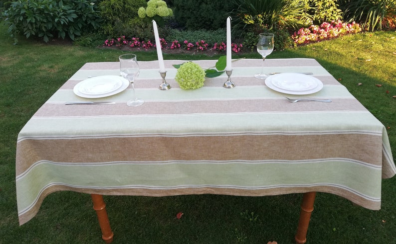 Tablecloth Rectangle Ready to Ship: Striped Tablecloth Green and brown striped tablecloth Scandinavian design Linen Table Cloth