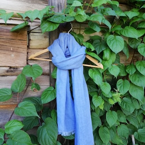 Blue Linen Scarf, Eco friendly Scarf, Scarf for Her, Boho Scarf, Pure Linen Scarf with Fringes, Wrinkled Scarf, Gift for Him