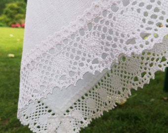 Tovaglia in puro lino, tovaglia quadrata bianca naturale con bordo in pizzo di lino, regalo di nozze, decorazione da tavola in lino non tinto Rettangolare, Rotonda