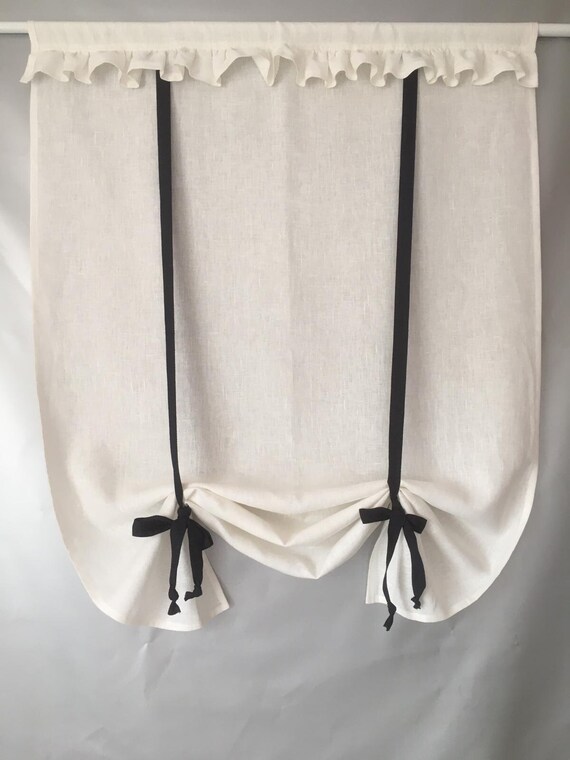 Tie up Blind White Linen Farmhouse Ruffled Curtain Cafe Etsy