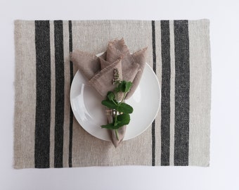 French Striped Linen Placemats, set of 10 linen placemats, blue or black striped placemats, rustic placemats, country placemat natural table