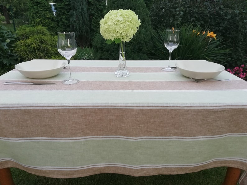 Tablecloth Rectangle Ready to Ship: Striped Tablecloth Green and brown striped tablecloth Scandinavian design Linen Table Cloth