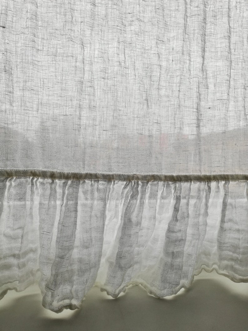White Linen Gauze Curtain Panel With Ruffle Boho Window Etsy