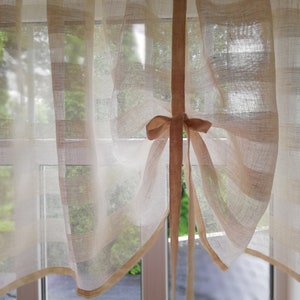 Tie up Curtains, shampagne or natural color striped Linen Curtains, Kitchen Curtain, Farmhouse and Cottage window blind, roll up curtain