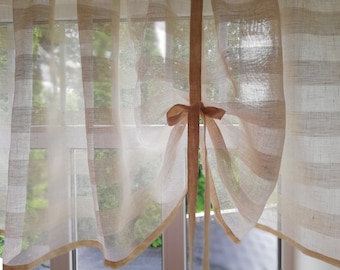 Tie up Curtains, shampagne or natural color striped Linen Curtains, Kitchen Curtain, Farmhouse and Cottage window blind, roll up curtain