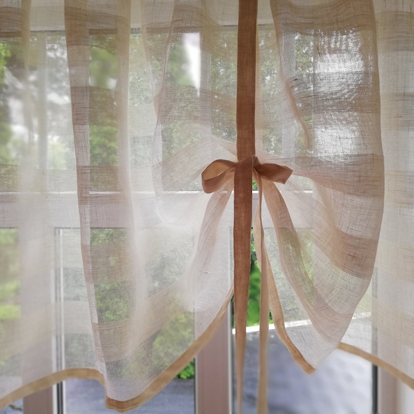 Tie up Curtains, shampagne or natural color striped Linen Curtains, Kitchen Curtain, Farmhouse and Cottage window blind, roll up curtain