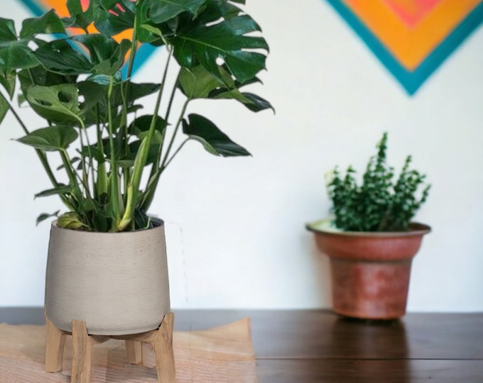 XL-Concrete Pots with Wooden Stand, Cement Pot with Stand, Indoor Modern Planter