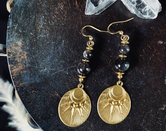 Antique earrings, with obsidian, sun pendant, black, Viking, Wicca, fantasy, larp, sun, Celtic