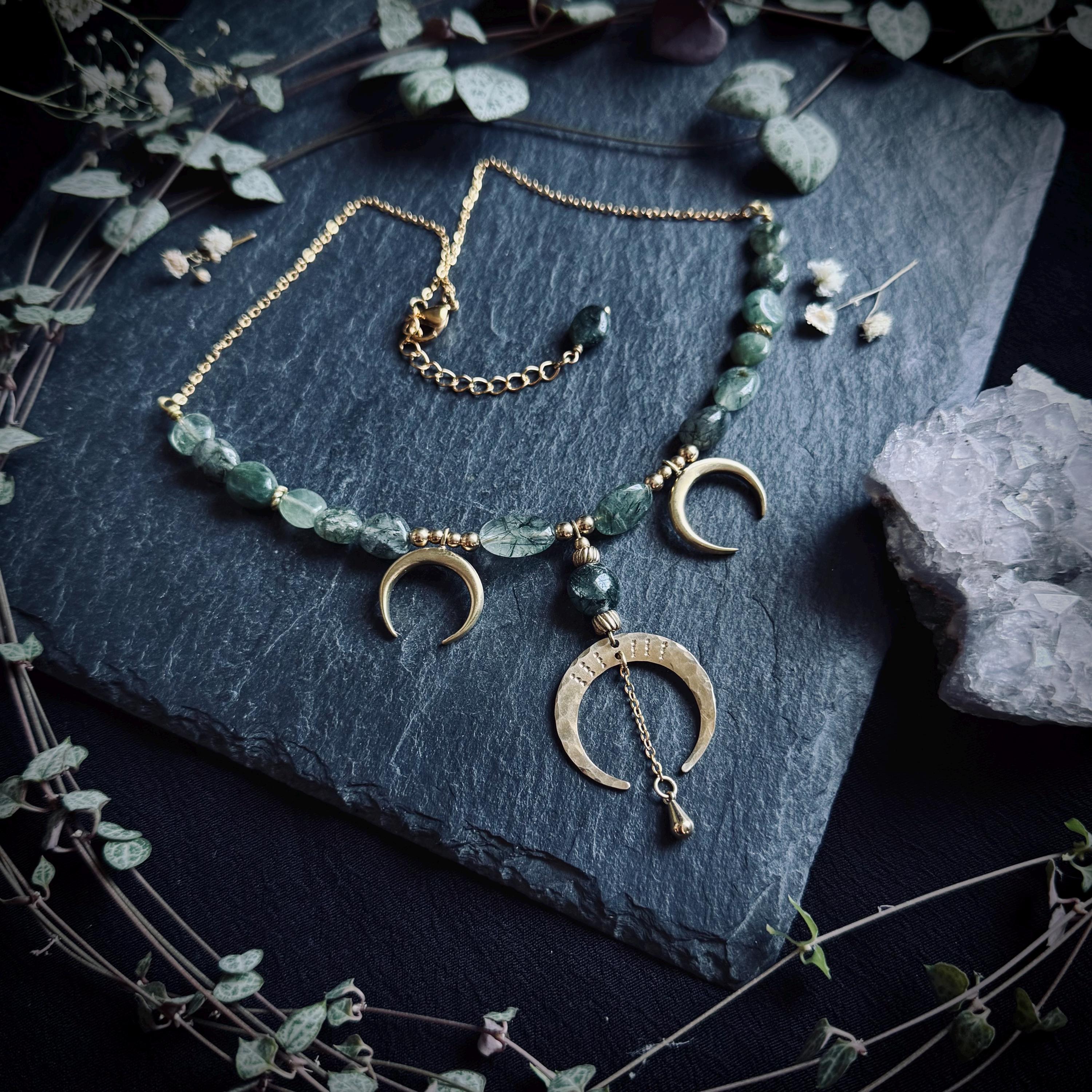 Moon goddess necklace with green rutilated quartz, antique brass necklace, crescent moon pendant, antique, Celtic, fantasy, LARP jewelry