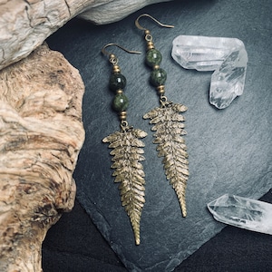 Fern Earrings I Natural, Green Jade, Long, Round, Pagan, Rustic, Wicca, Shaman, Celtic, Seer, Bronze, Yggdrasil, Viking, Nordic