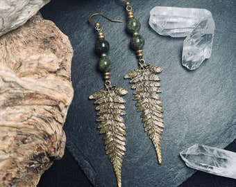 Fern Earrings I Natural, Green Jade, Long, Round, Pagan, Rustic, Wicca, Shaman, Celtic, Seer, Bronze, Yggdrasil, Viking, Nordic