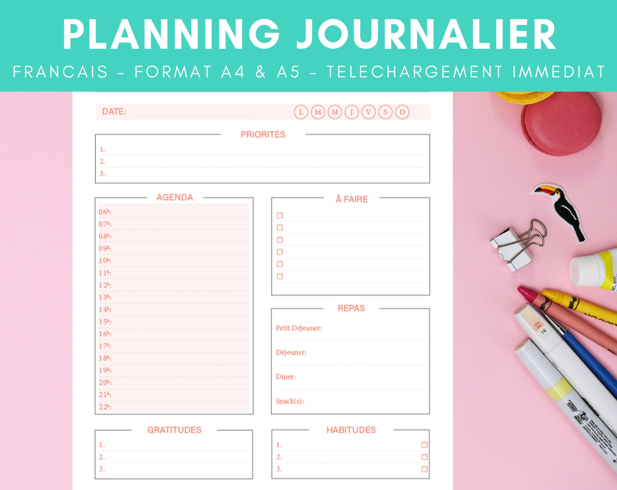 PLANNING JOURNALIER FRANCAIS Rose Modèle à Imprimer Etsy
