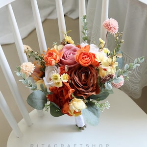 Burnt Orange Yellow Dusty Pink Wedding Bouquet Bridal Bridesmaid Bouquet Set Boho Wedding Rustic Wedding Autumn Fall Wedding