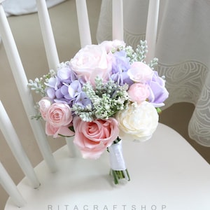 Artificial Pink Purple and White Wedding Bouquet Rose Sage Green Lilac Babypink Bouquet Bridal Bridesmaid Bouquet Set Spring Wedding